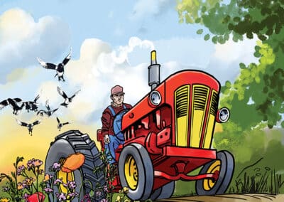 Farmer Tom drives a shiny red tractor!