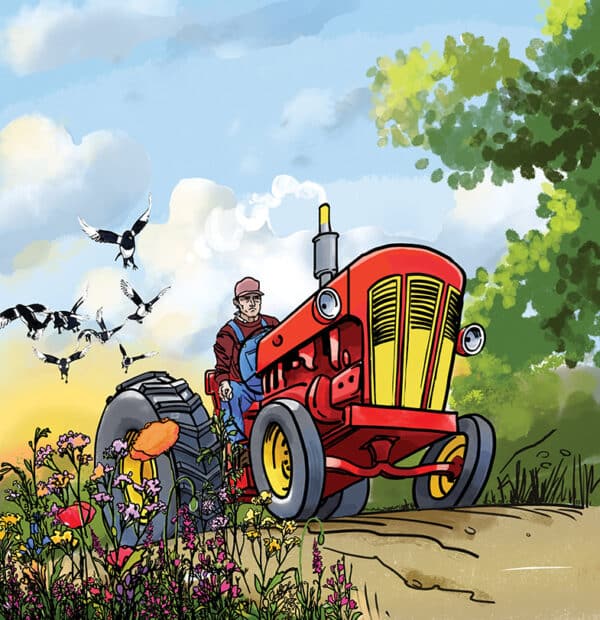 Farmer Tom drives a shiny red tractor!